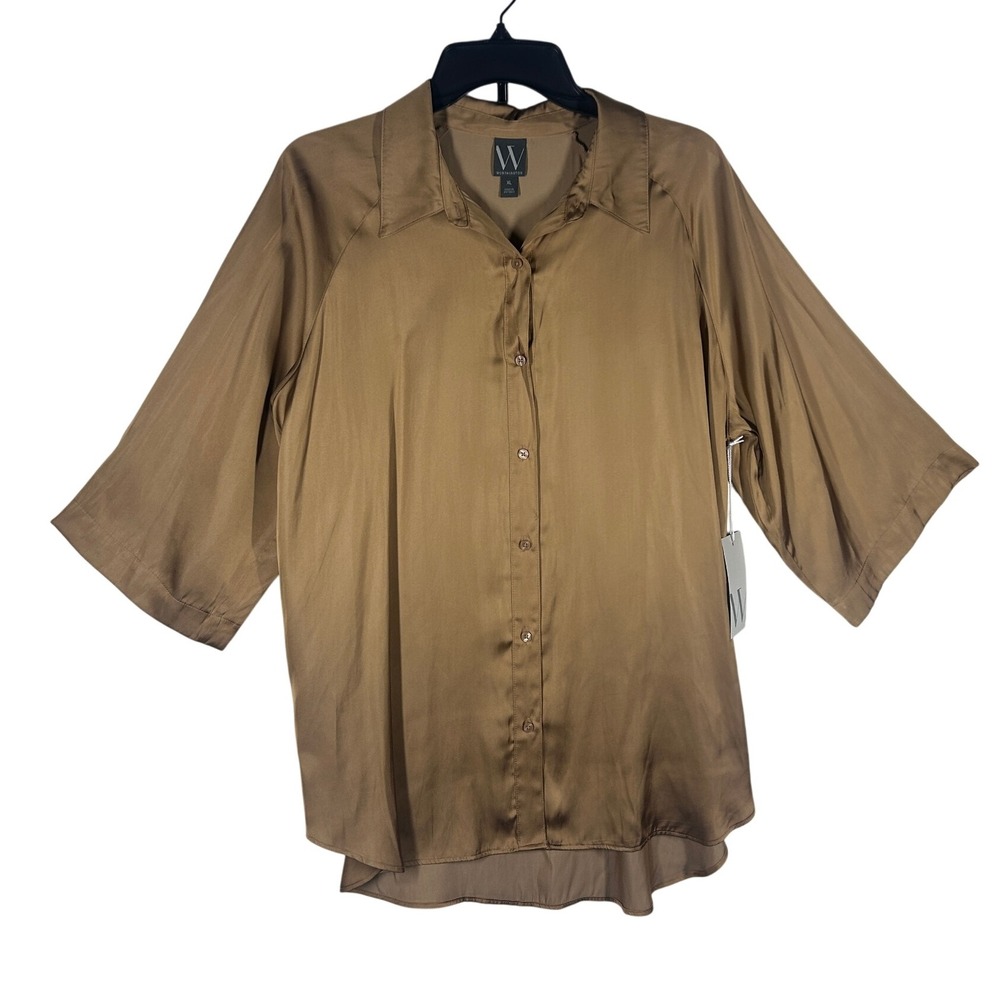 Worthington‎ Womens XL Beige Satin Button Up 3/4 Sleeve Shirt Top NEW